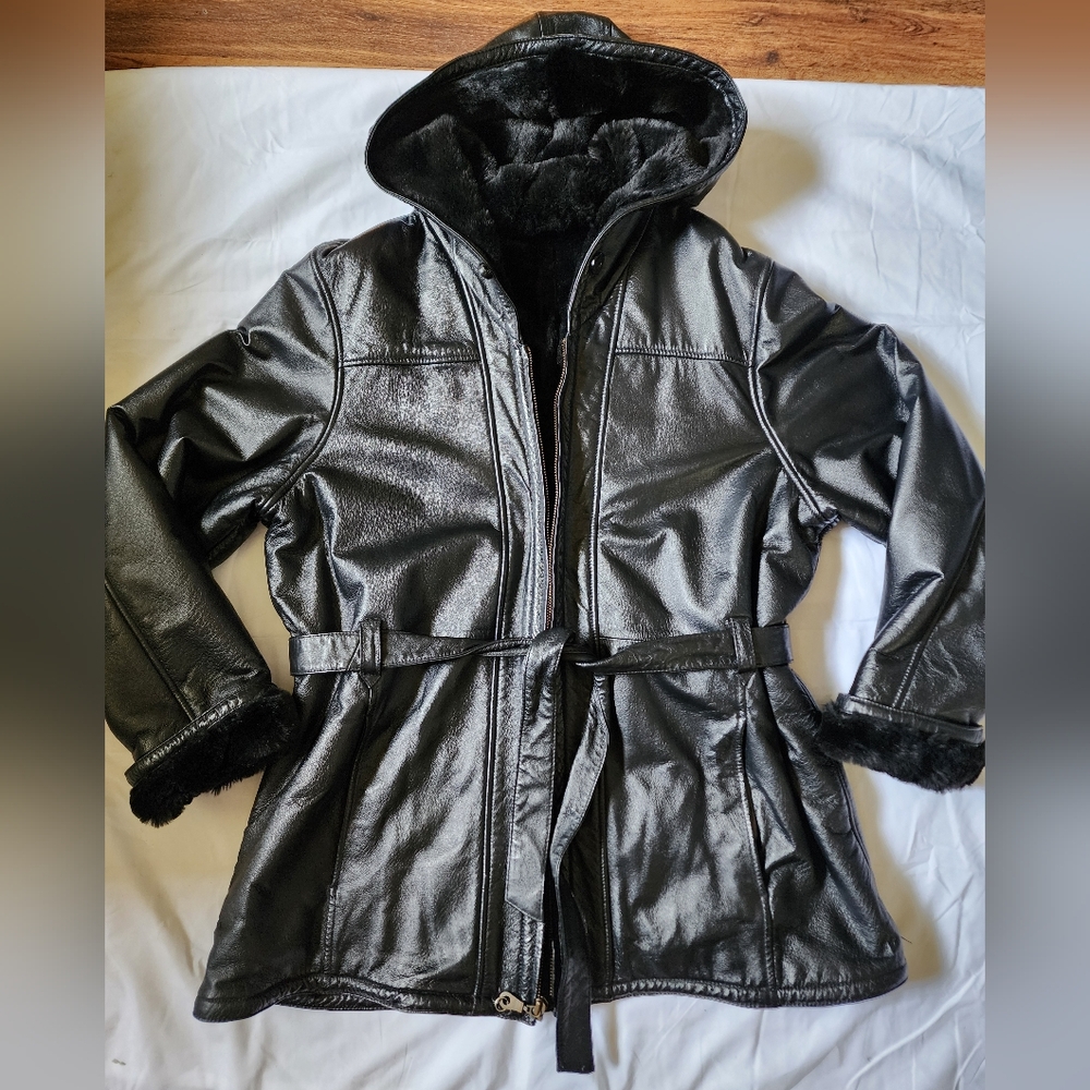 Wilsons Leather Black Faux Leather Hooded Coat Size Xxl
